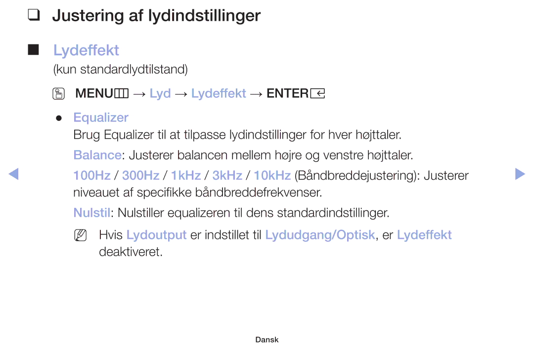 Samsung LT32H390FEVXXC manual Justering af lydindstillinger, Lydeffekt, Equalizer 