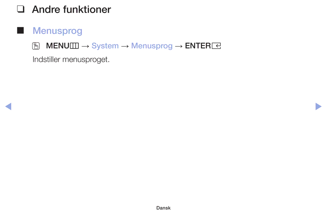 Samsung LT32H390FEVXXC manual Andre funktioner, Menusprog 