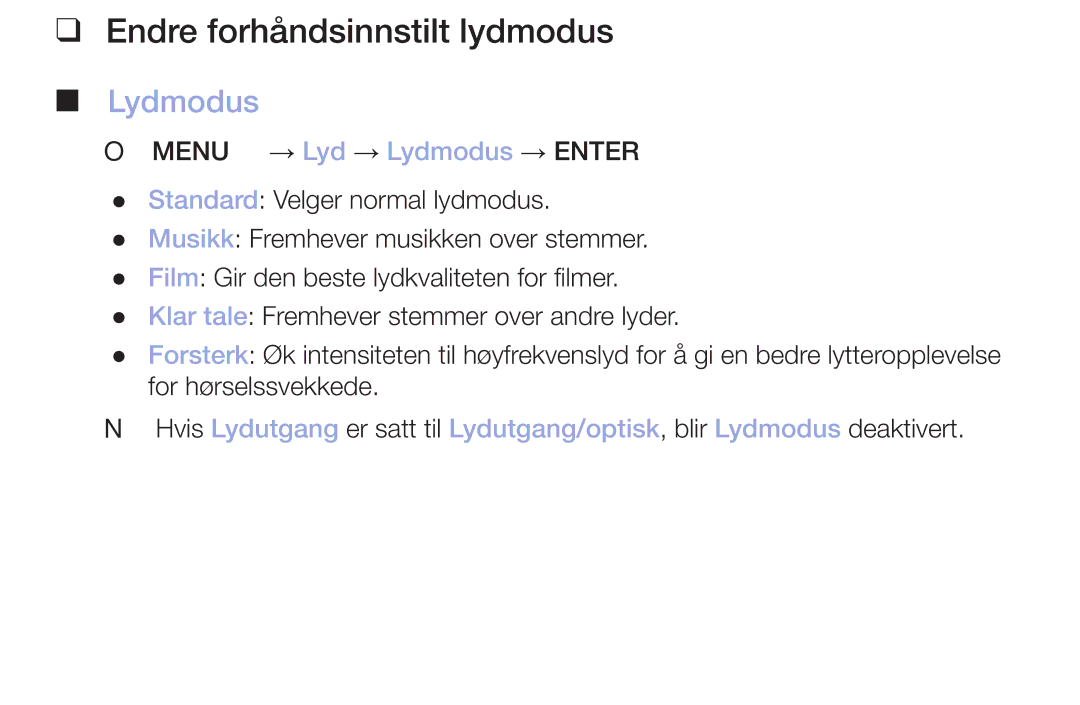 Samsung LT32H390FEVXXC manual Endre forhåndsinnstilt lydmodus, Lydmodus 