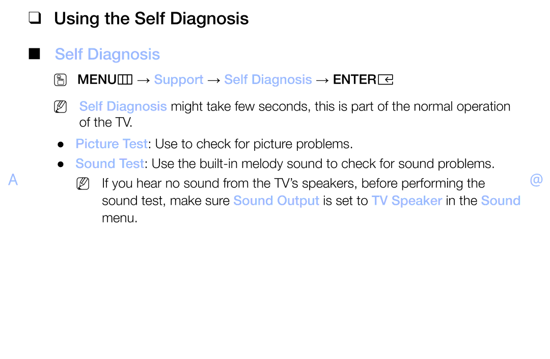 Samsung LT32H390FEVXXC manual Using the Self Diagnosis, OO MENUm → Support → Self Diagnosis → Entere 