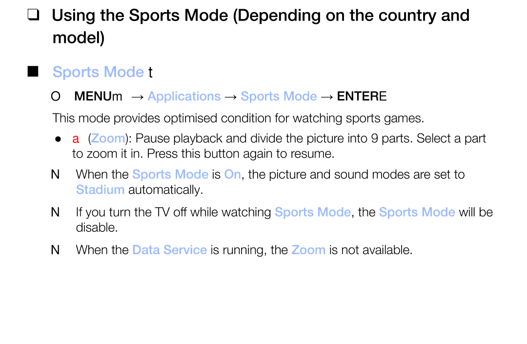 Samsung LT32H390FEVXXC manual Using the Sports Mode Depending on the country and model, Sports Mode t 