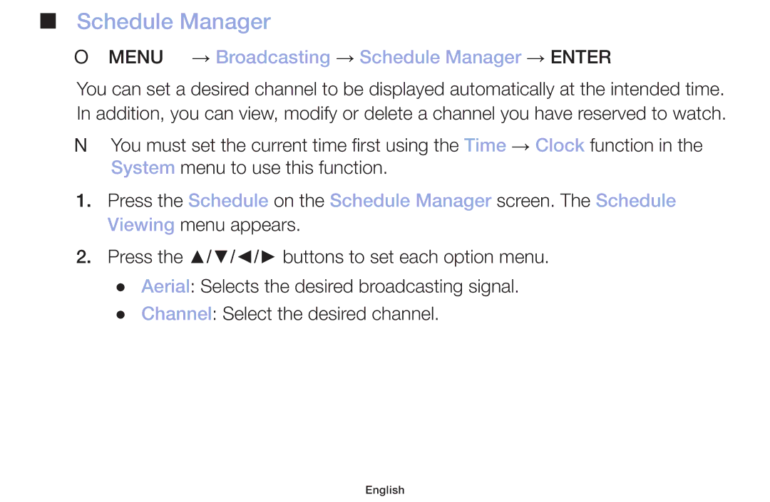 Samsung LT32H390FEVXXC manual OO MENUm → Broadcasting → Schedule Manager → Entere 