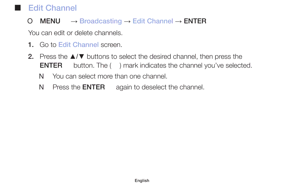 Samsung LT32H390FEVXXC manual OO MENUm → Broadcasting → Edit Channel → Entere 