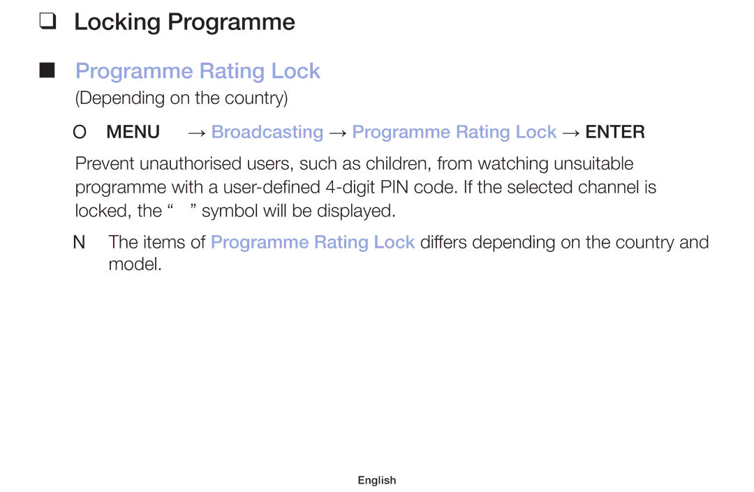 Samsung LT32H390FEVXXC manual Locking Programme, OO MENUm → Broadcasting → Programme Rating Lock → Entere 