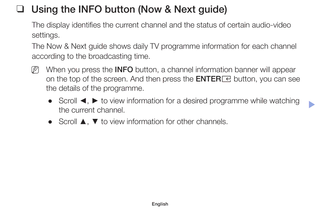 Samsung LT32H390FEVXXC manual Using the Info button Now & Next guide 