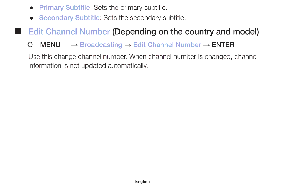 Samsung LT32H390FEVXXC manual Edit Channel Number Depending on the country and model 