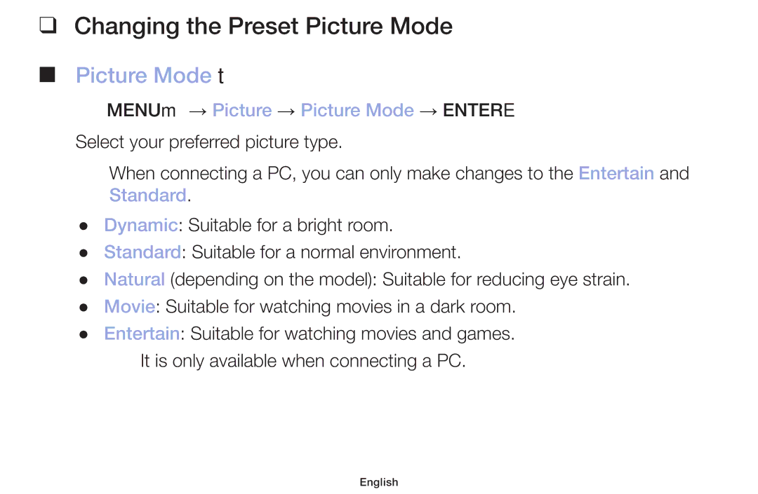 Samsung LT32H390FEVXXC manual Changing the Preset Picture Mode, Picture Mode t, OO MENUm → Picture → Picture Mode → Entere 