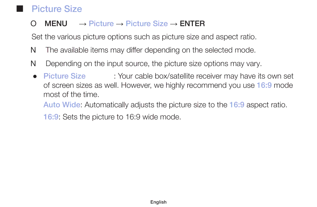 Samsung LT32H390FEVXXC manual OO MENUm → Picture → Picture Size → Entere 