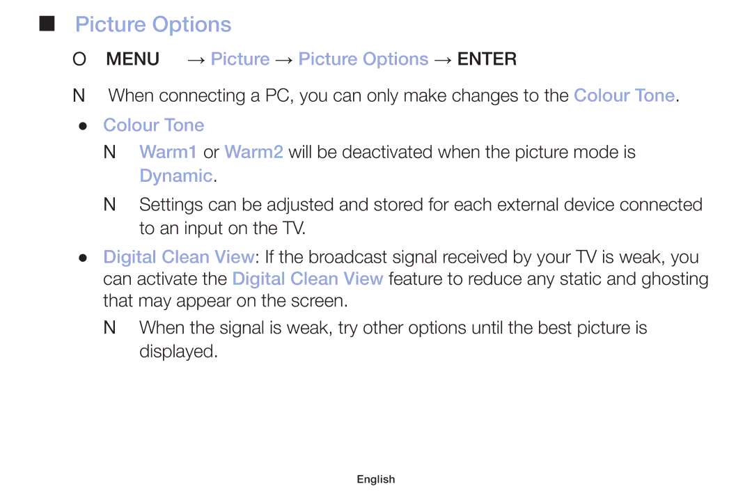 Samsung LT32H390FEVXXC manual OO MENUm → Picture → Picture Options → Entere, Colour Tone, Dynamic 