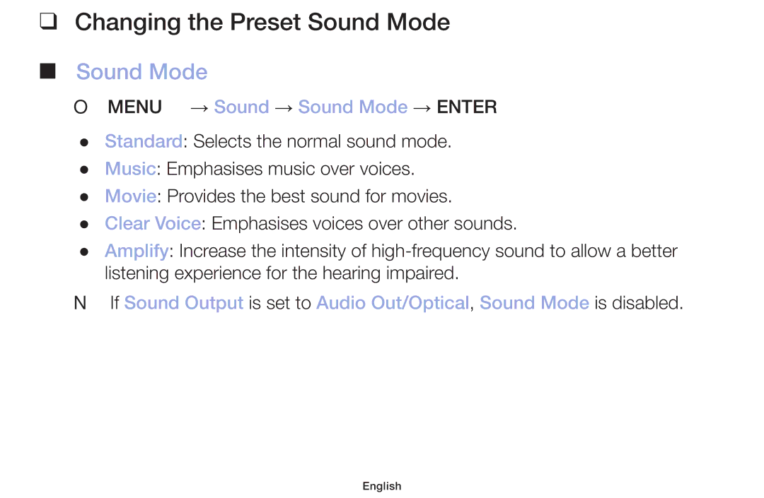 Samsung LT32H390FEVXXC manual Changing the Preset Sound Mode 