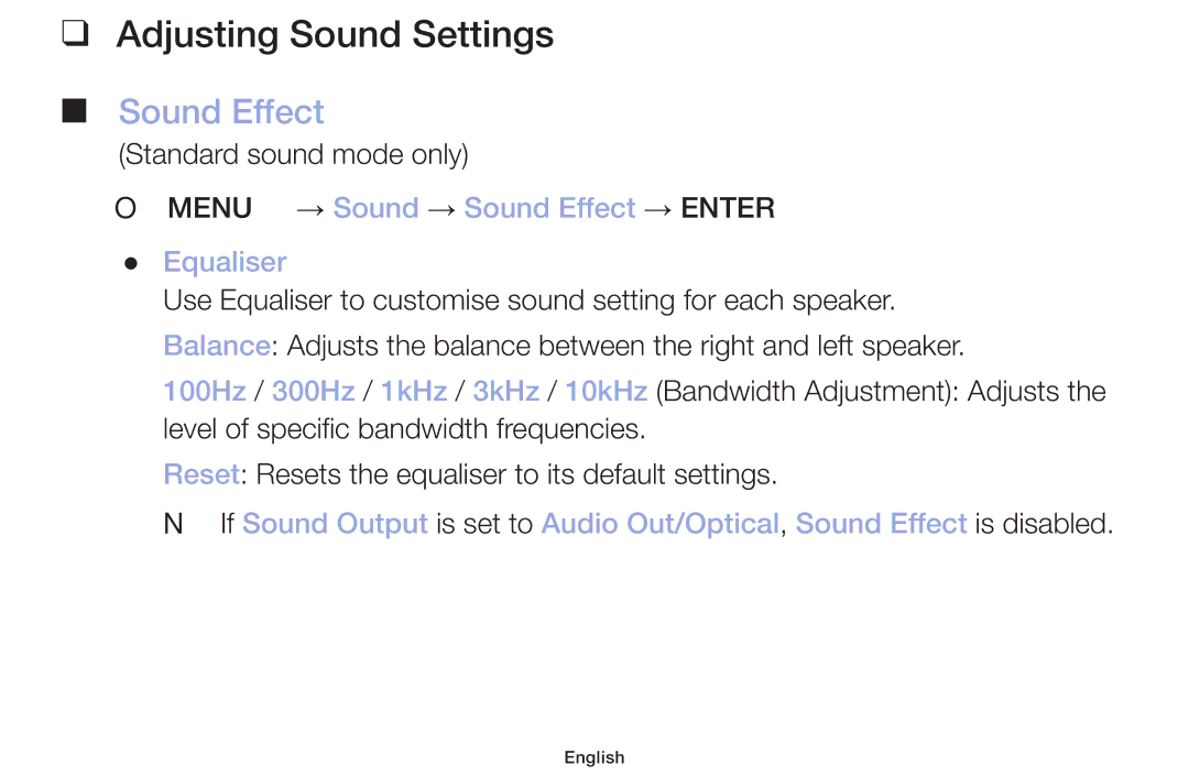 Samsung LT32H390FEVXXC manual Adjusting Sound Settings, OO MENUm → Sound → Sound Effect → Entere Equaliser 