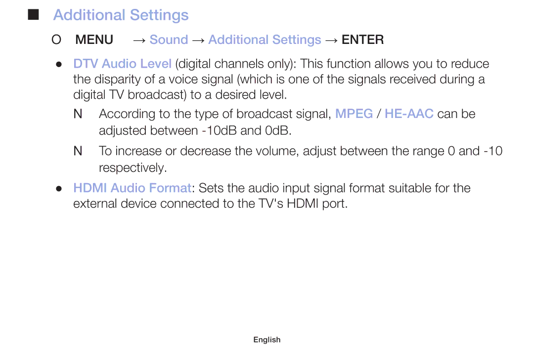 Samsung LT32H390FEVXXC manual OO MENUm → Sound → Additional Settings → Entere 