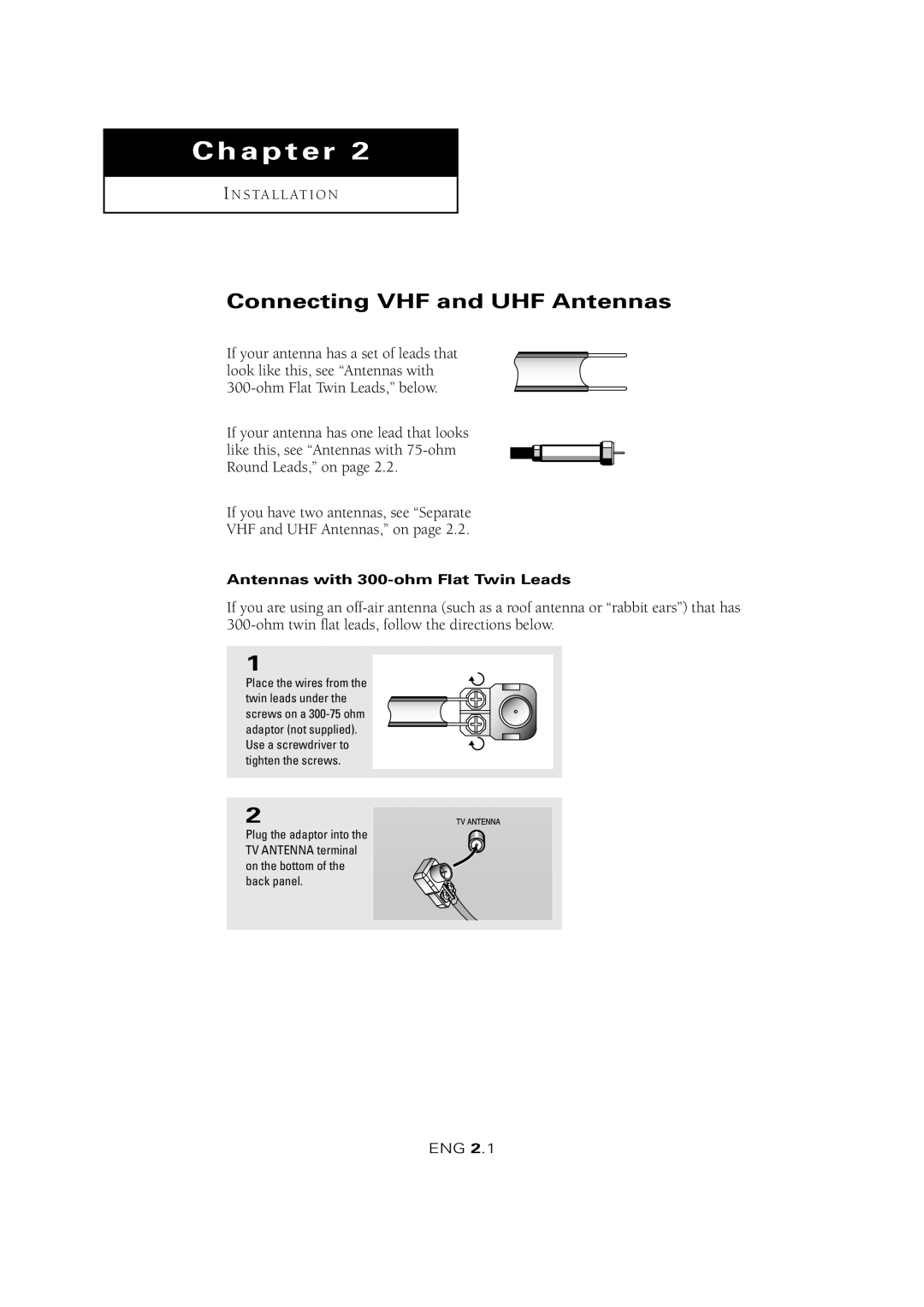 Samsung LTM 1525 manual Connecting VHF and UHF Antennas, Antennas with 300-ohm Flat Twin Leads 