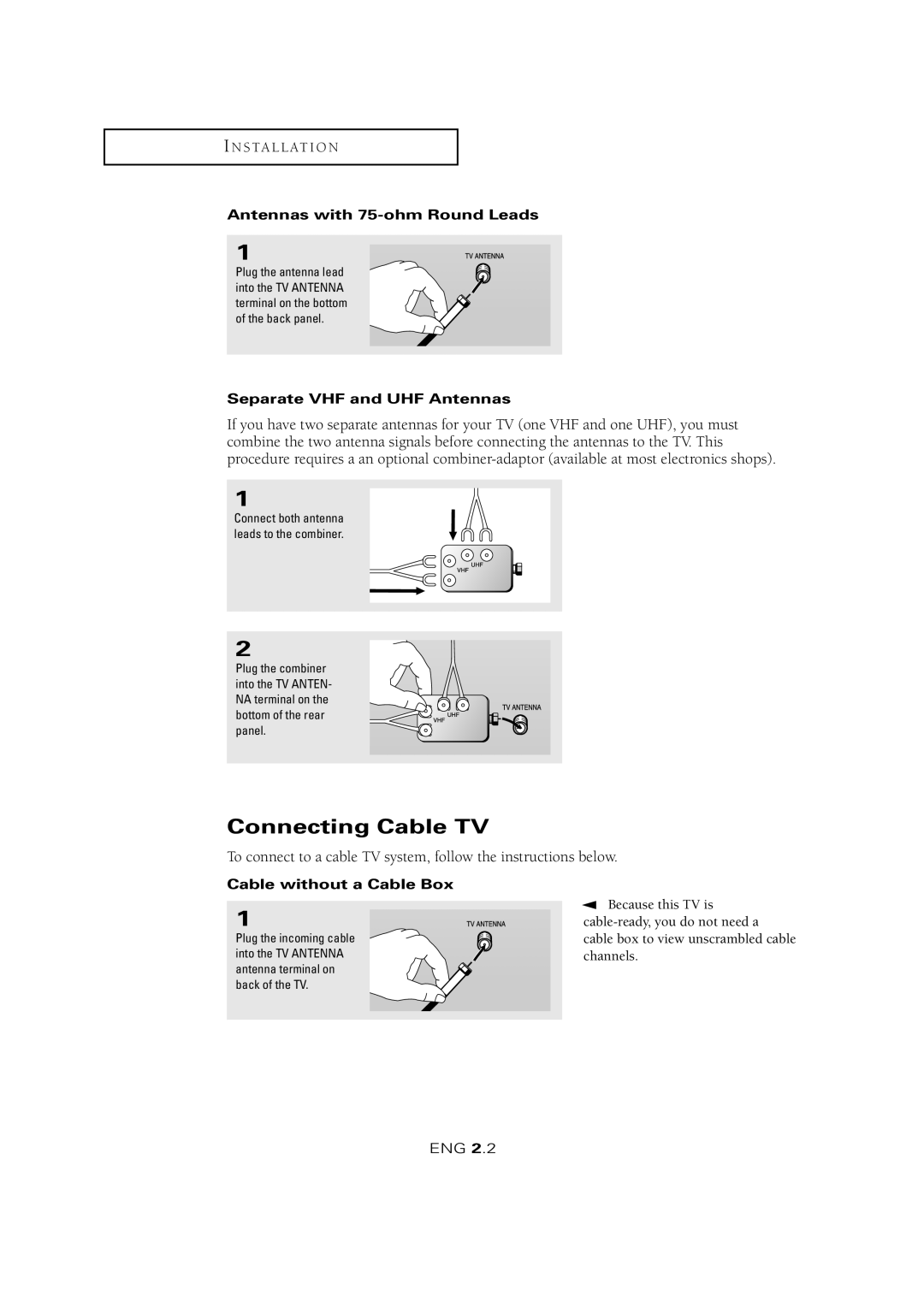 Samsung LTM 1525 manual Connecting Cable TV, Antennas with 75-ohm Round Leads, Separate VHF and UHF Antennas 