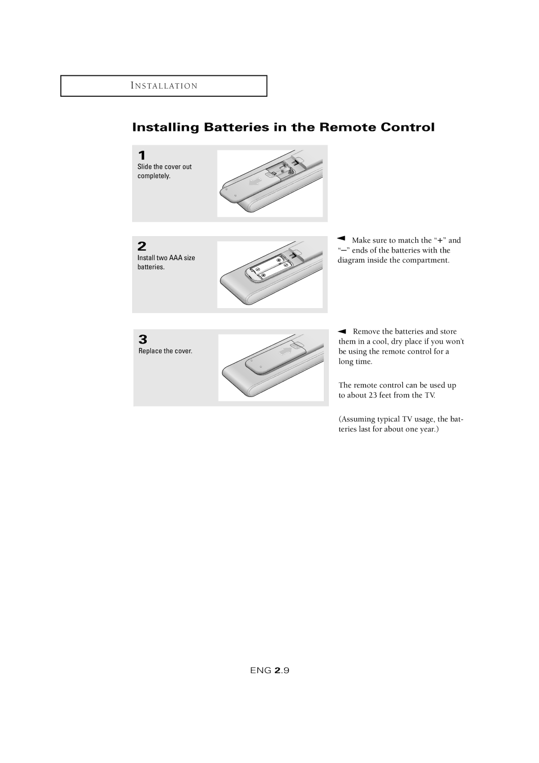 Samsung LTM 1525 manual Installing Batteries in the Remote Control 