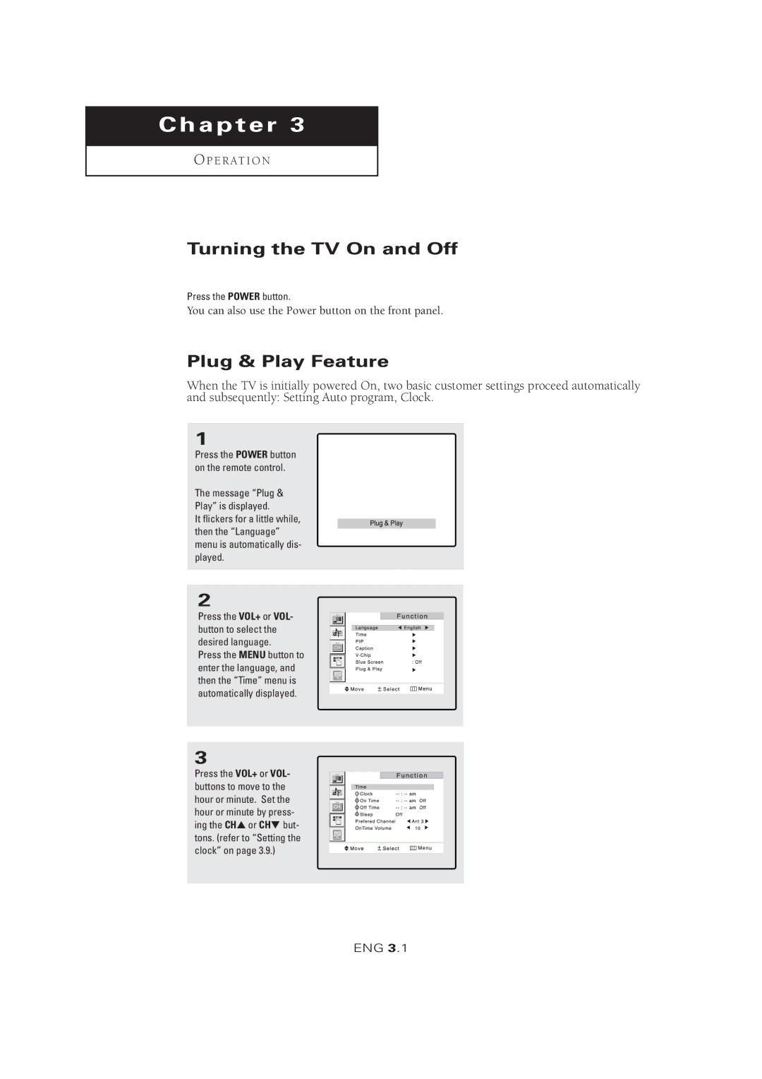 Samsung LTM 1525 manual Turning the TV On and Off, Plug & Play Feature 