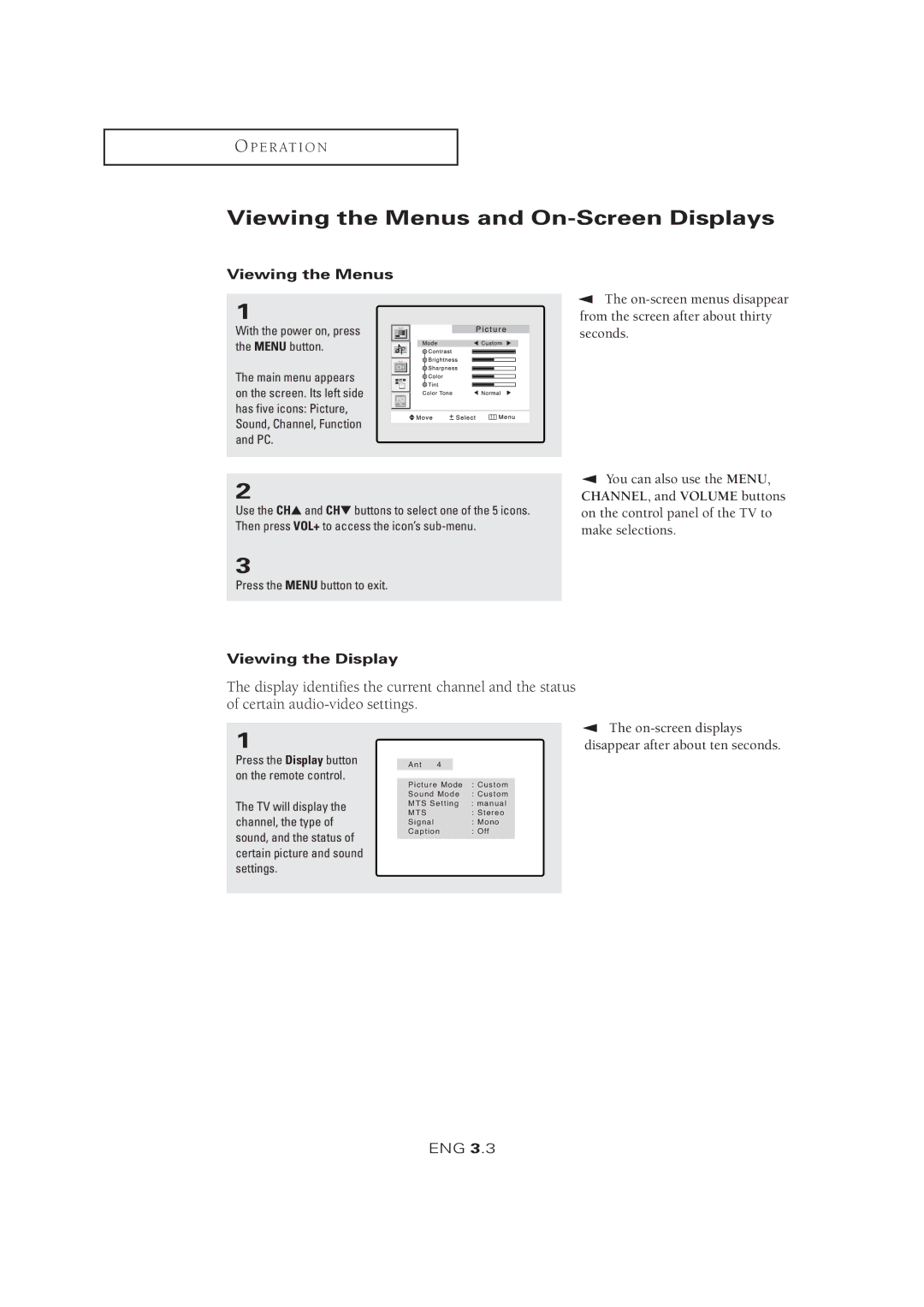 Samsung LTM 1525 manual Viewing the Menus and On-Screen Displays, Viewing the Display 