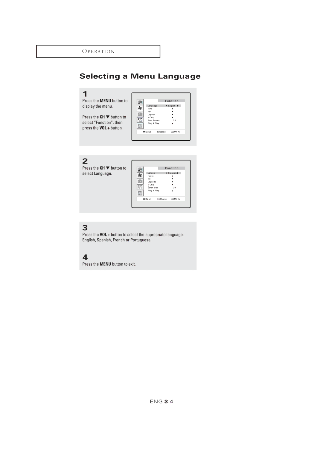 Samsung LTM 1525 manual Selecting a Menu Language 