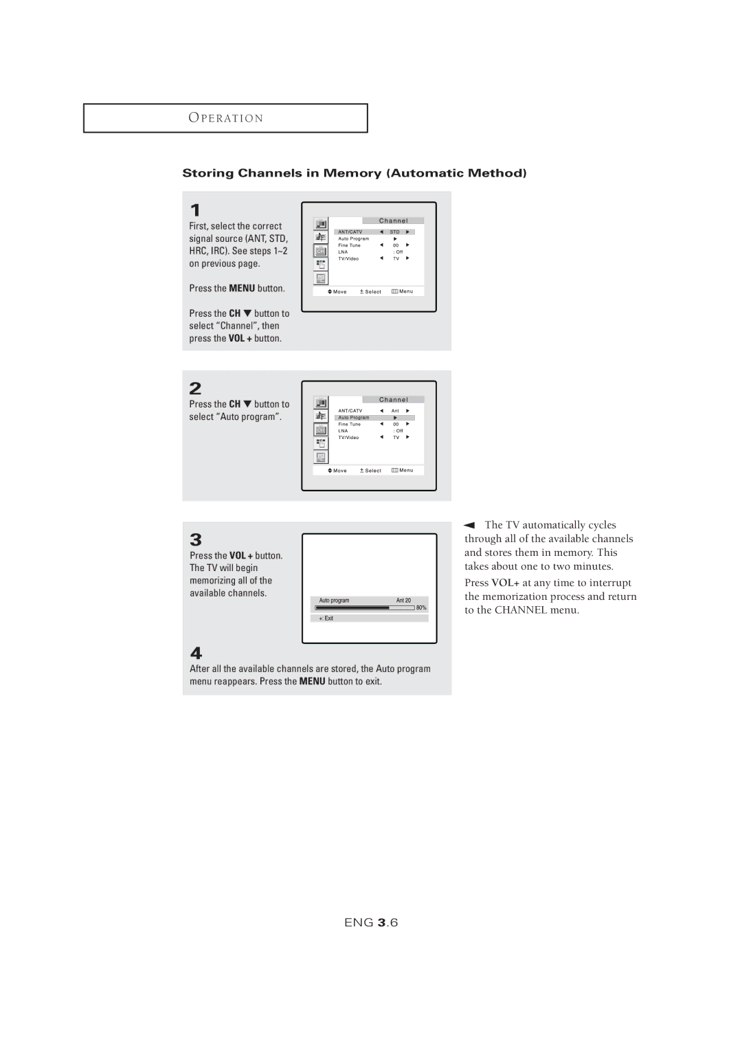 Samsung LTM 1525 manual Storing Channels in Memory Automatic Method 