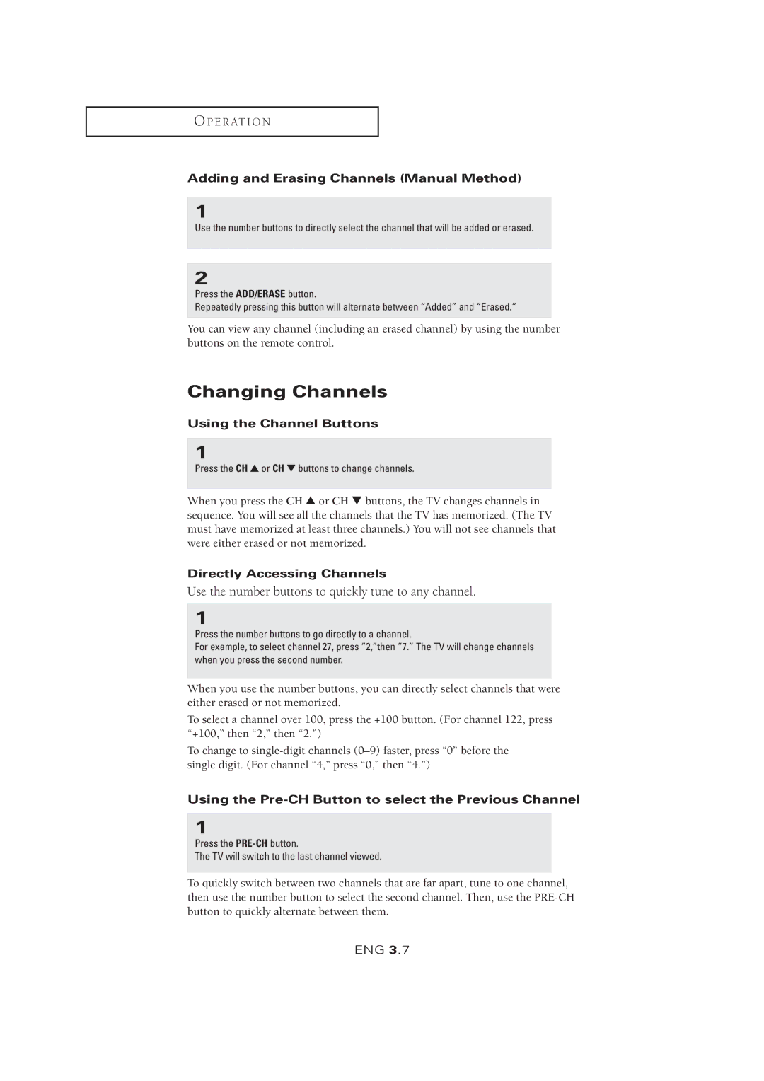 Samsung LTM 1525 manual Changing Channels, Adding and Erasing Channels Manual Method, Using the Channel Buttons 