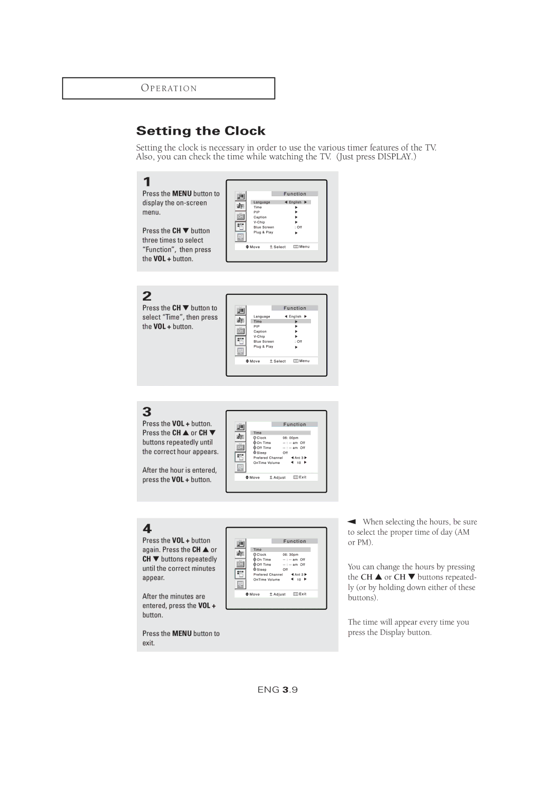 Samsung LTM 1525 manual Setting the Clock, Press the Menu button to display the on-screen menu 