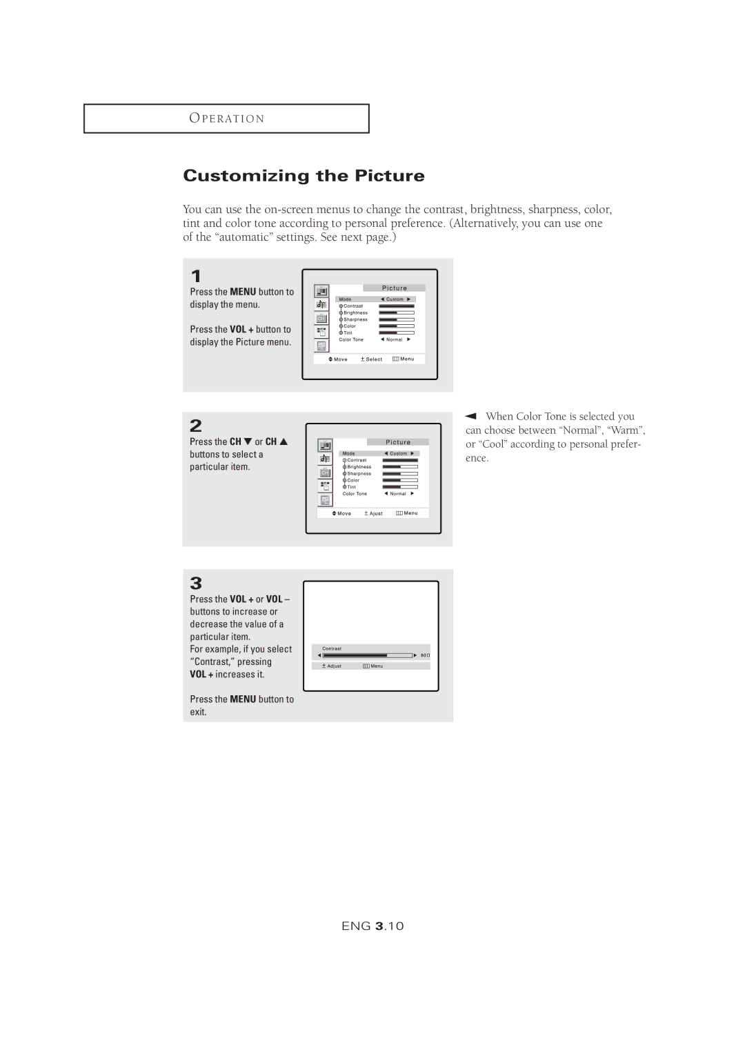 Samsung LTM 1525 manual Customizing the Picture 