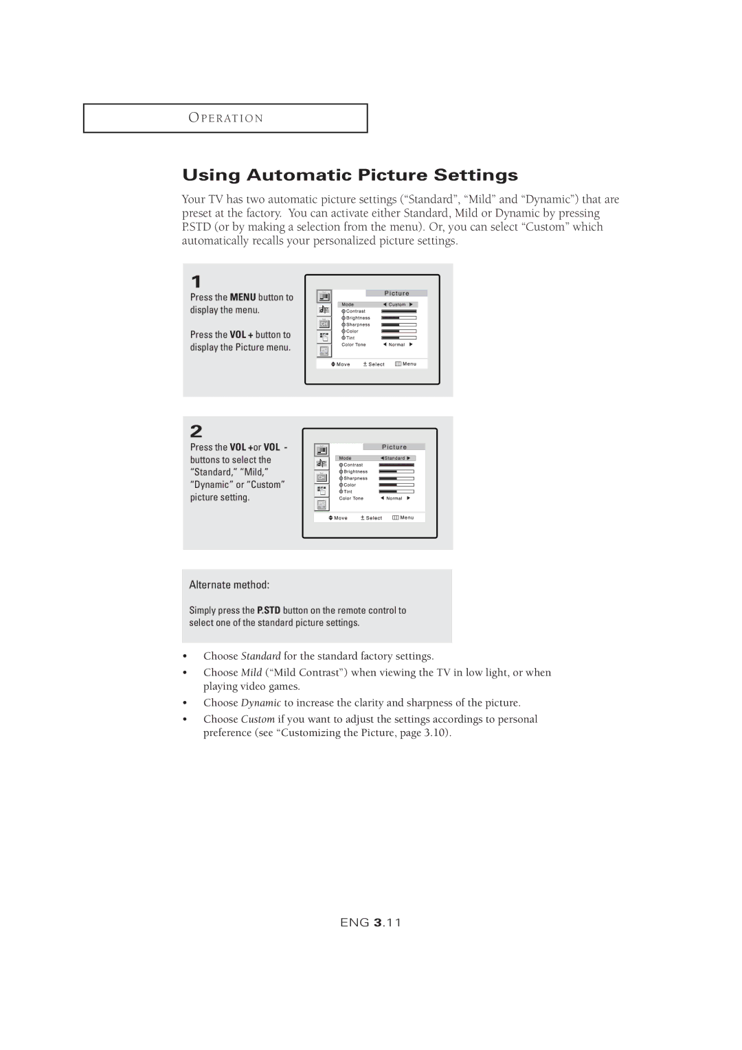 Samsung LTM 1525 manual Using Automatic Picture Settings, Alternate method 