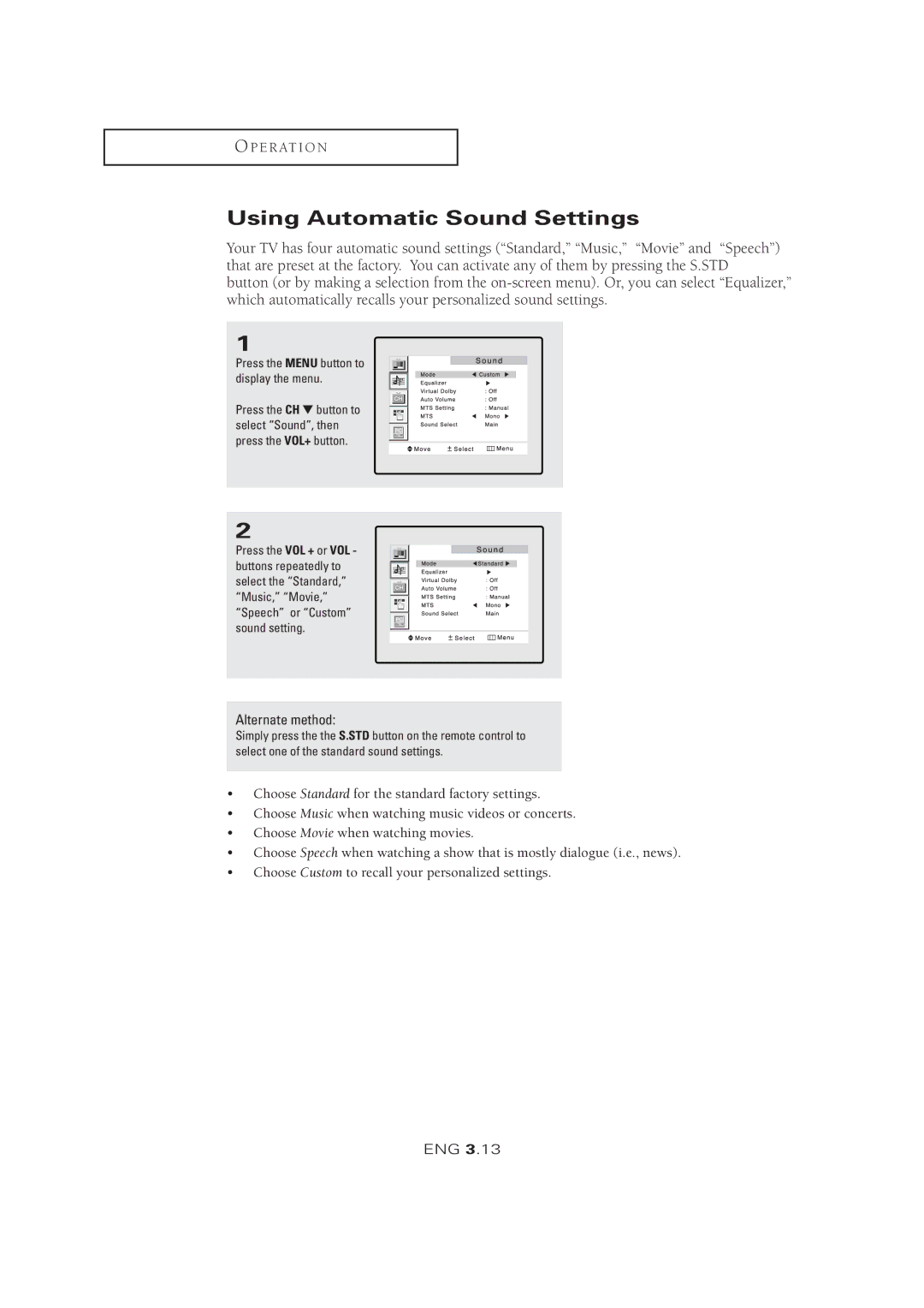 Samsung LTM 1525 manual Using Automatic Sound Settings 