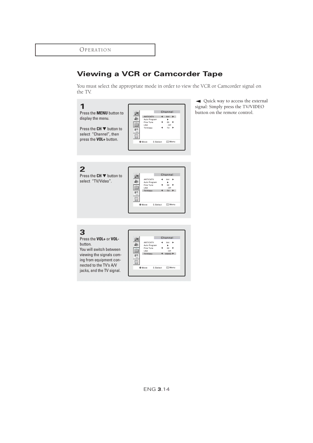 Samsung LTM 1525 manual Viewing a VCR or Camcorder Tape 