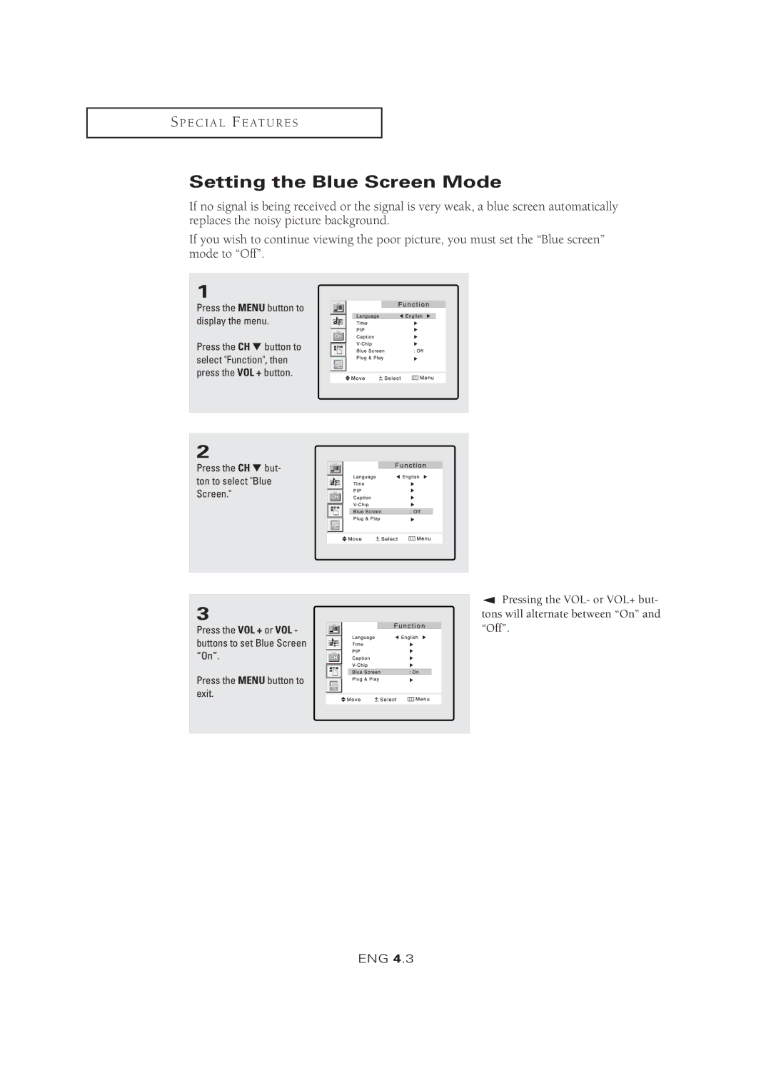 Samsung LTM 1525 manual Setting the Blue Screen Mode 