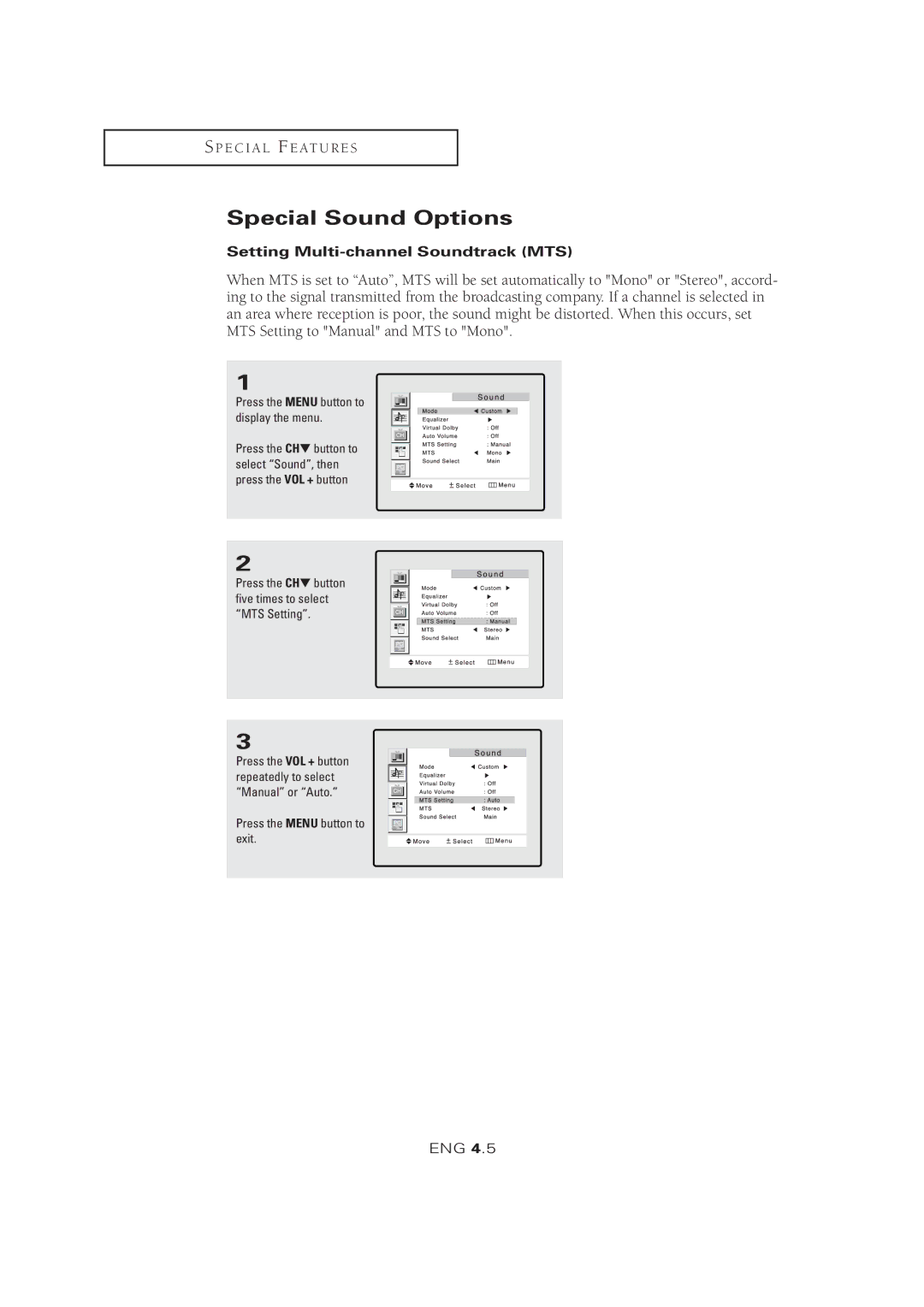 Samsung LTM 1525 manual Special Sound Options, Setting Multi-channel Soundtrack MTS 