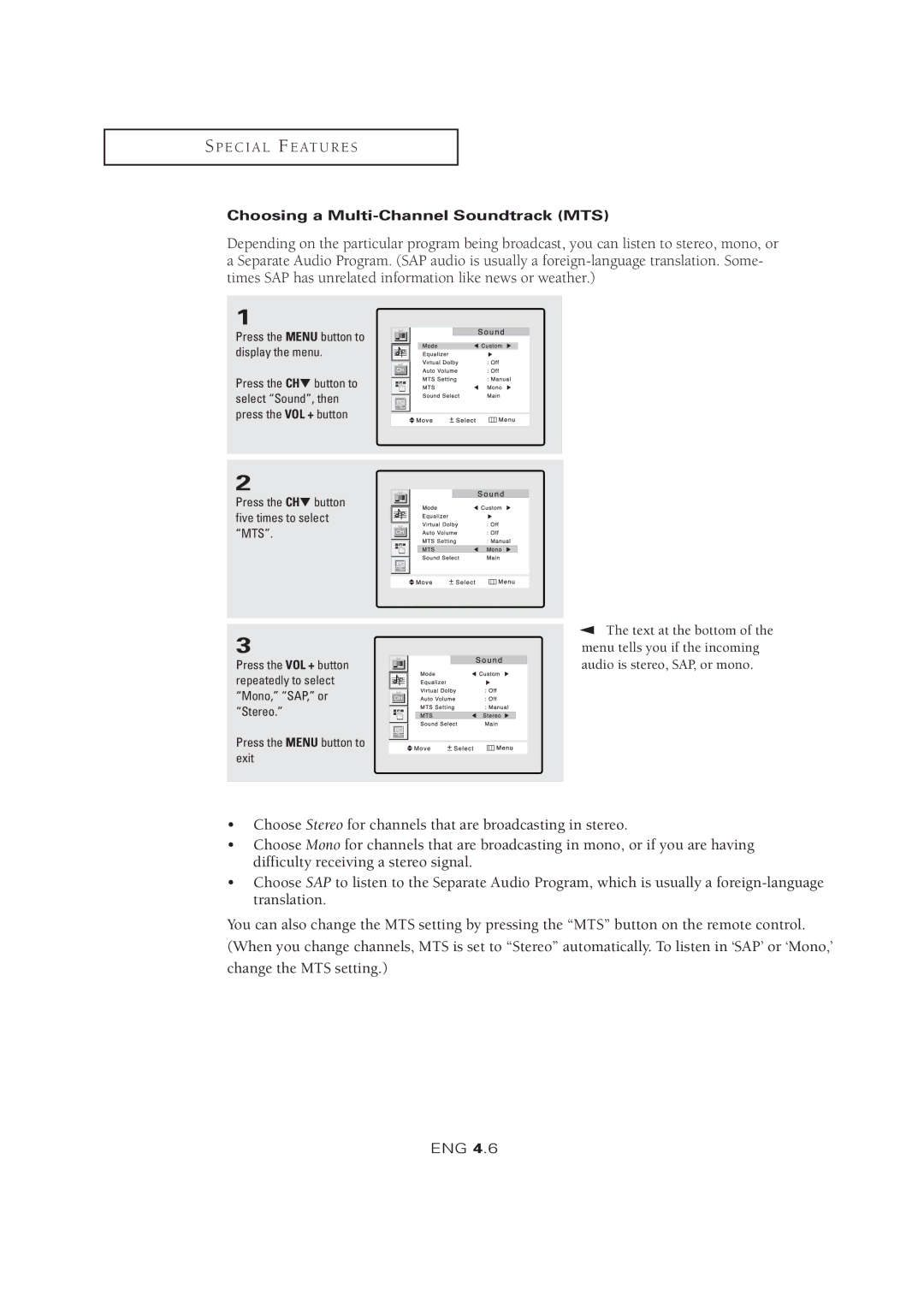 Samsung LTM 1525 manual Choosing a Multi-Channel Soundtrack MTS 