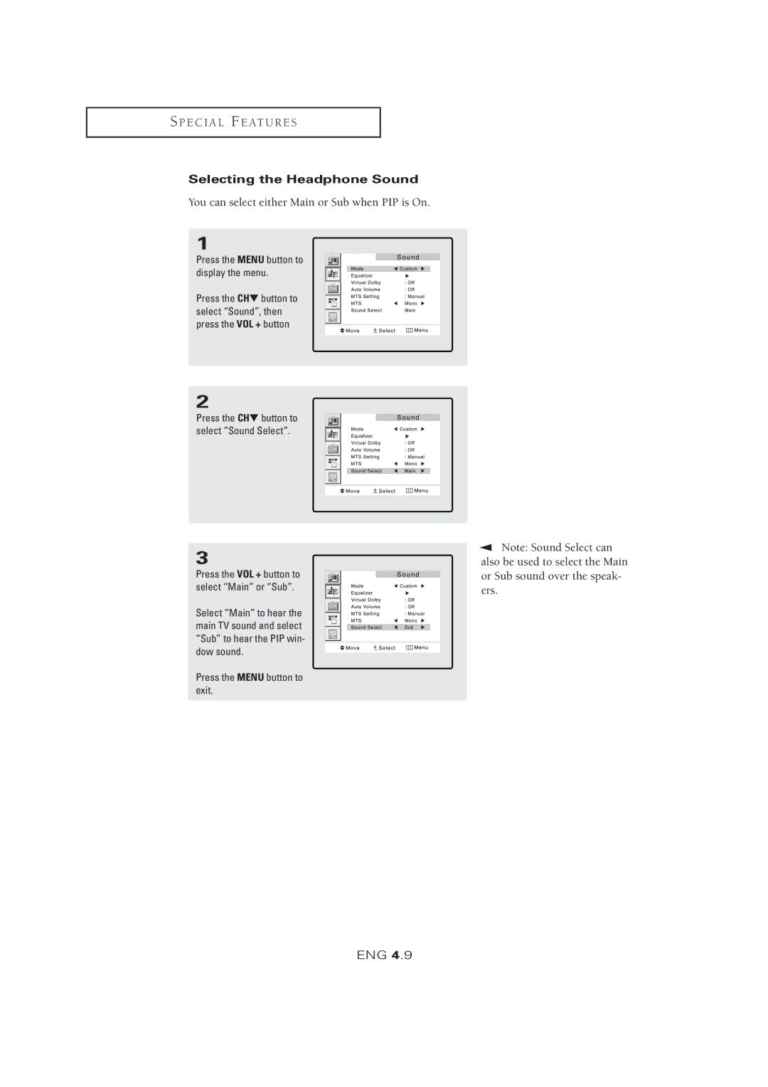 Samsung LTM 1525 manual Selecting the Headphone Sound, You can select either Main or Sub when PIP is On 