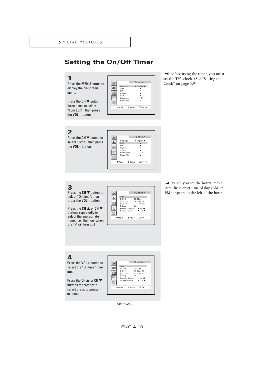 Samsung LTM 1525 manual Setting the On/Off Timer, Set the TV’s clock. See Setting the Clock on 