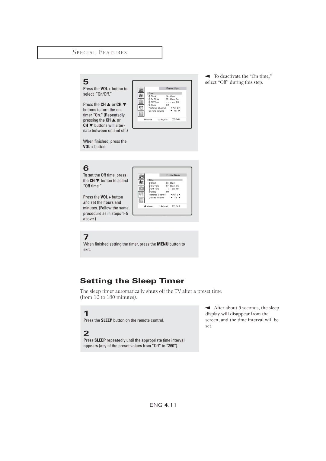 Samsung LTM 1525 manual Setting the Sleep Timer, Press the VOL + button to select On/Off 