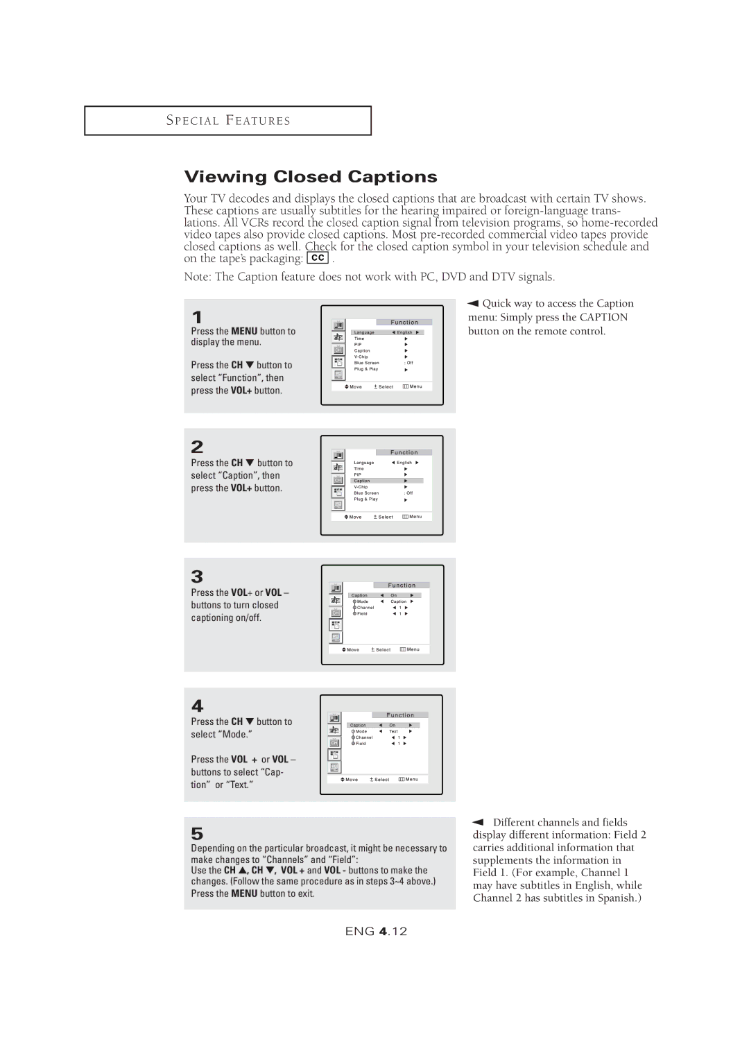 Samsung LTM 1525 manual Viewing Closed Captions 