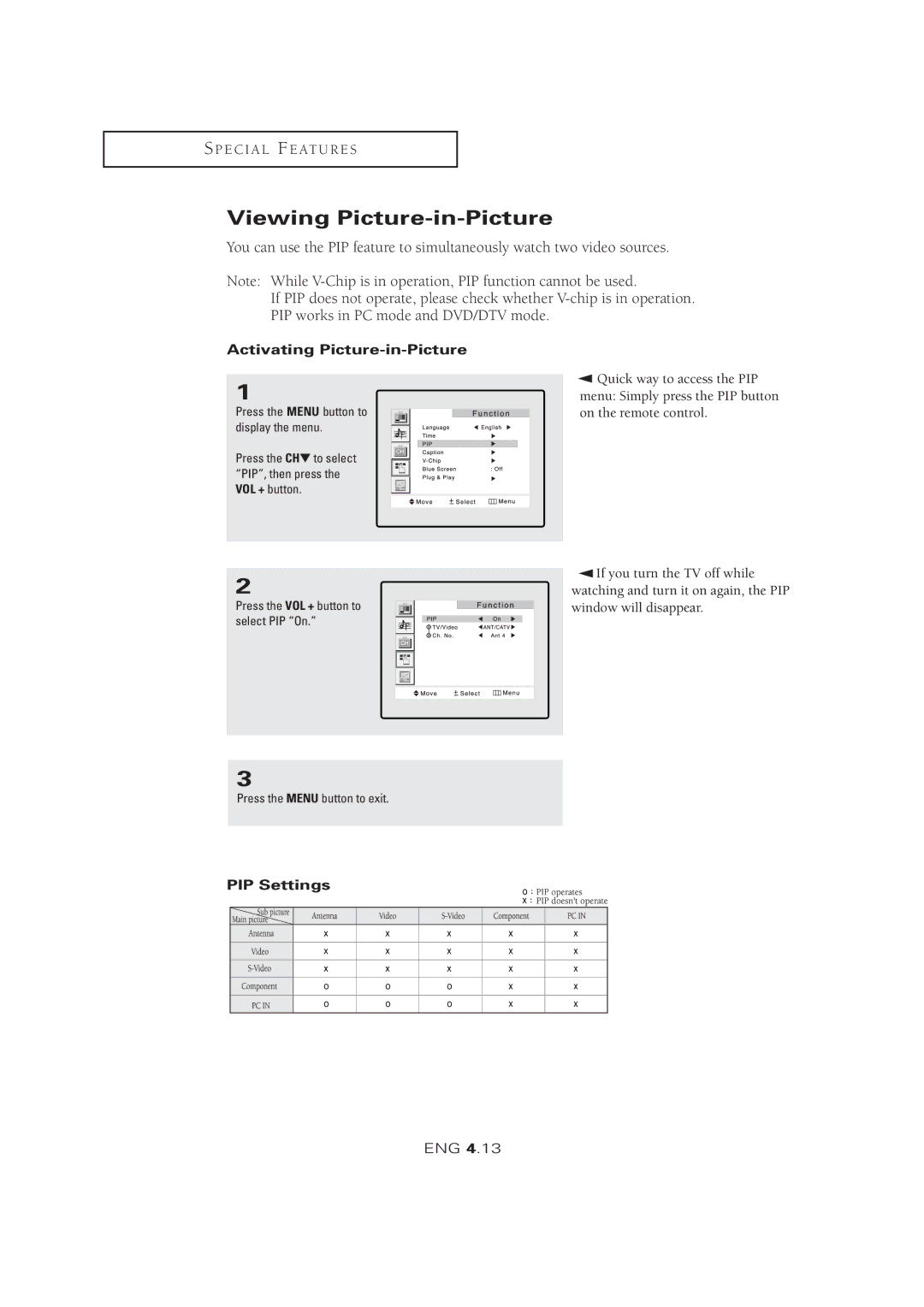 Samsung LTM 1525 manual Viewing Picture-in-Picture, Activating Picture-in-Picture, PIP Settings 