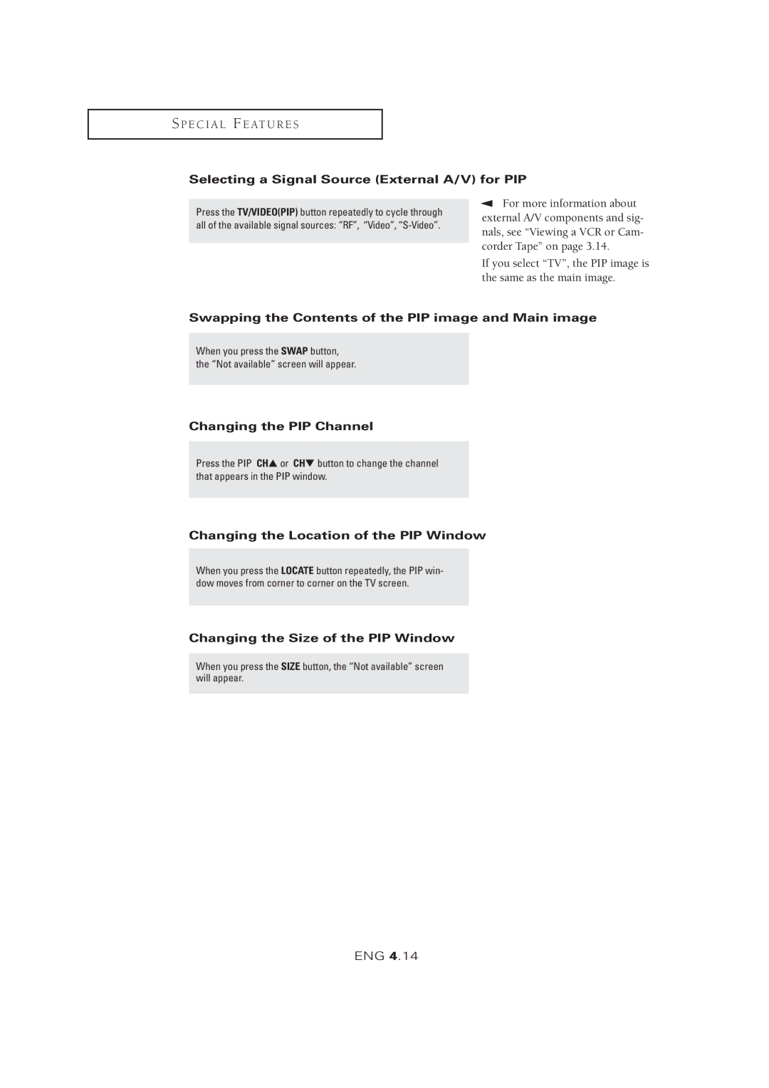 Samsung LTM 1525 Selecting a Signal Source External A/V for PIP, Swapping the Contents of the PIP image and Main image 