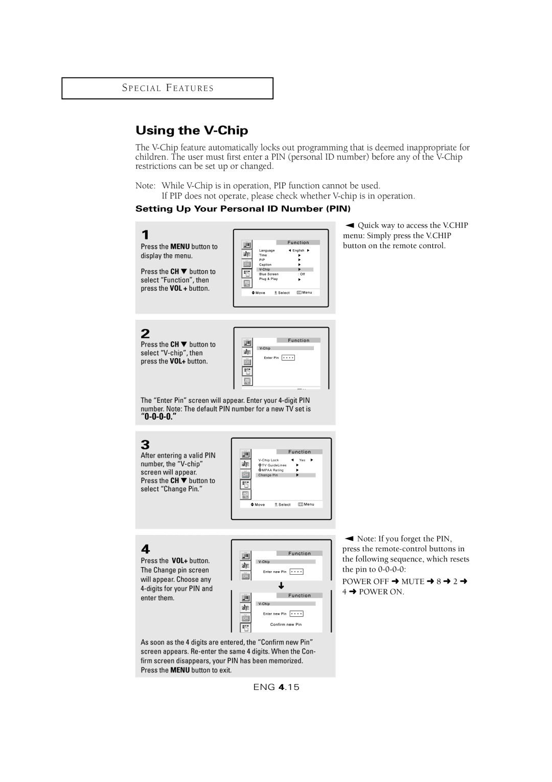 Samsung LTM 1525 manual Using the V-Chip, Setting Up Your Personal ID Number PIN 