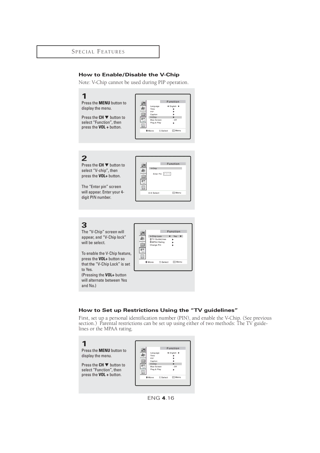 Samsung LTM 1525 manual How to Enable/Disable the V-Chip, How to Set up Restrictions Using the TV guidelines 