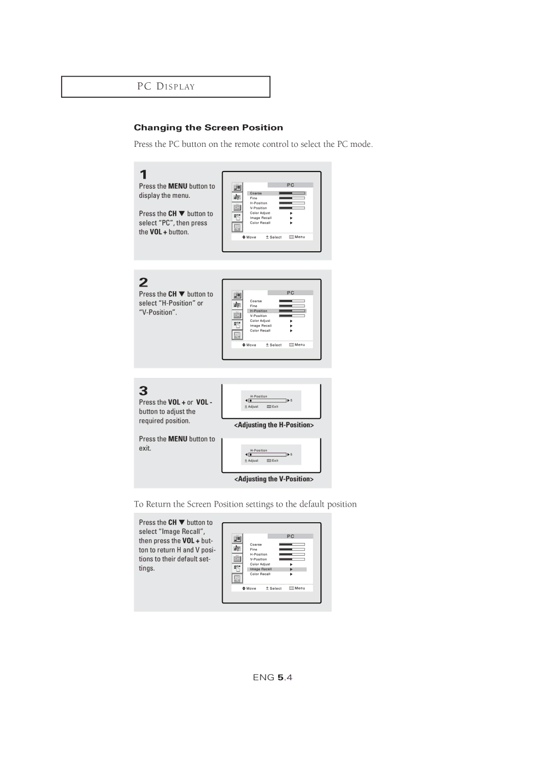 Samsung LTM 1525 manual Changing the Screen Position 