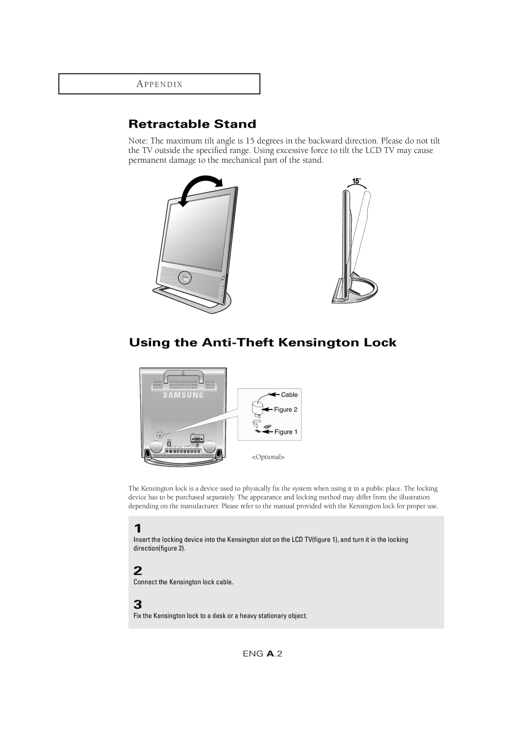 Samsung LTM 1525 manual Retractable Stand Using the Anti-Theft Kensington Lock, Optional 