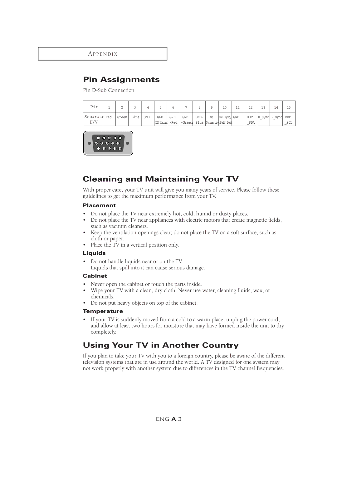 Samsung LTM 1525 manual Pin Assignments, Cleaning and Maintaining Your TV, Using Your TV in Another Country 