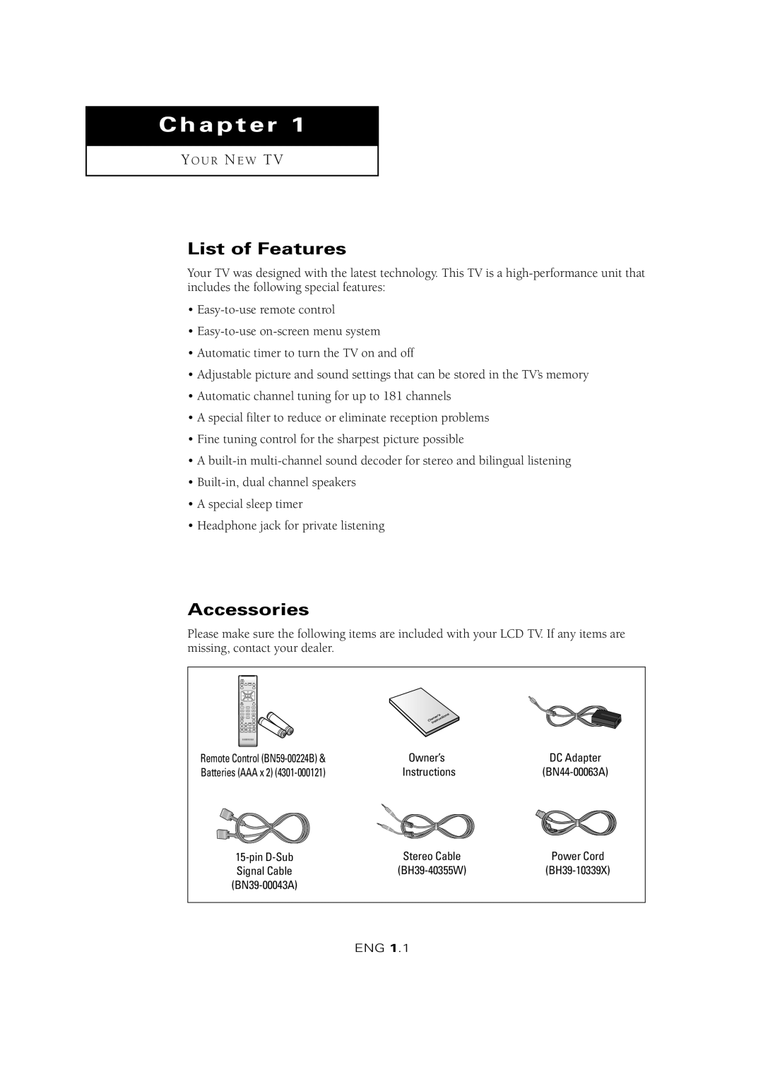 Samsung LTM 1525 manual List of Features, Accessories 