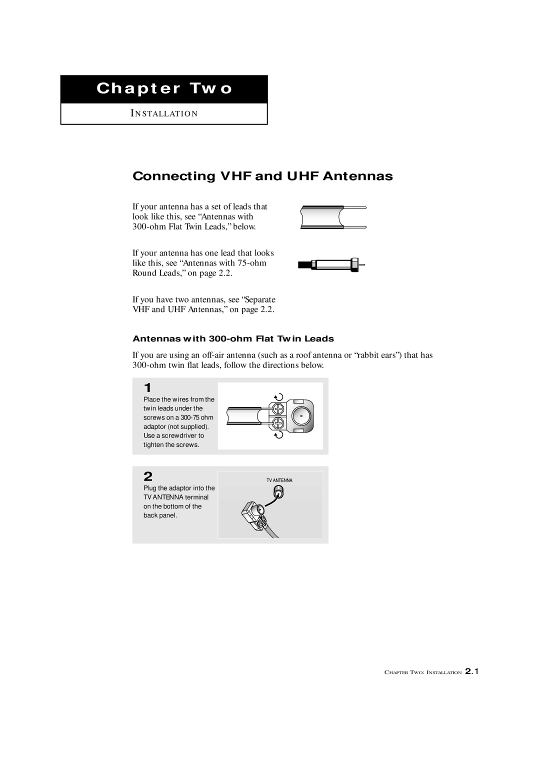 Samsung LTM 1775W manual Connecting VHF and UHF Antennas, Antennas with 300-ohm Flat Twin Leads 