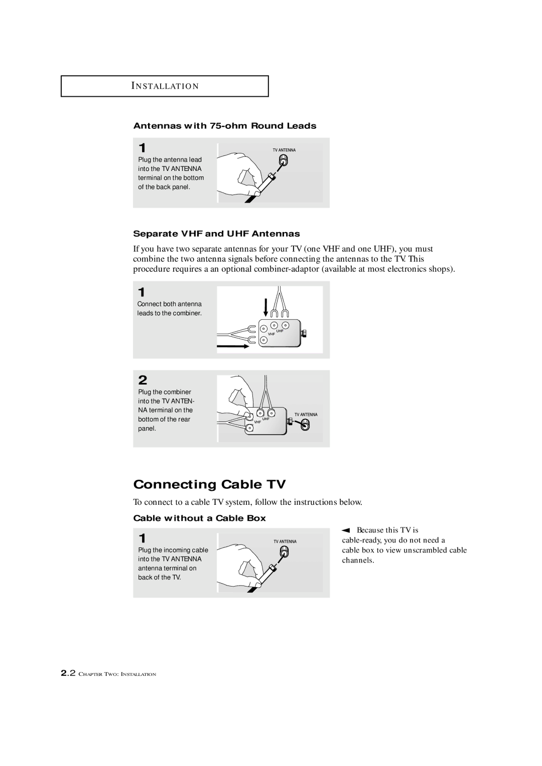 Samsung LTM 1775W manual Connecting Cable TV, Antennas with 75-ohm Round Leads, Separate VHF and UHF Antennas 