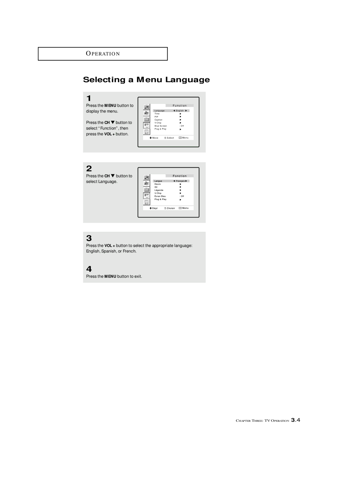 Samsung LTM 1775W manual Selecting a Menu Language, Press the Menu button to display the menu 