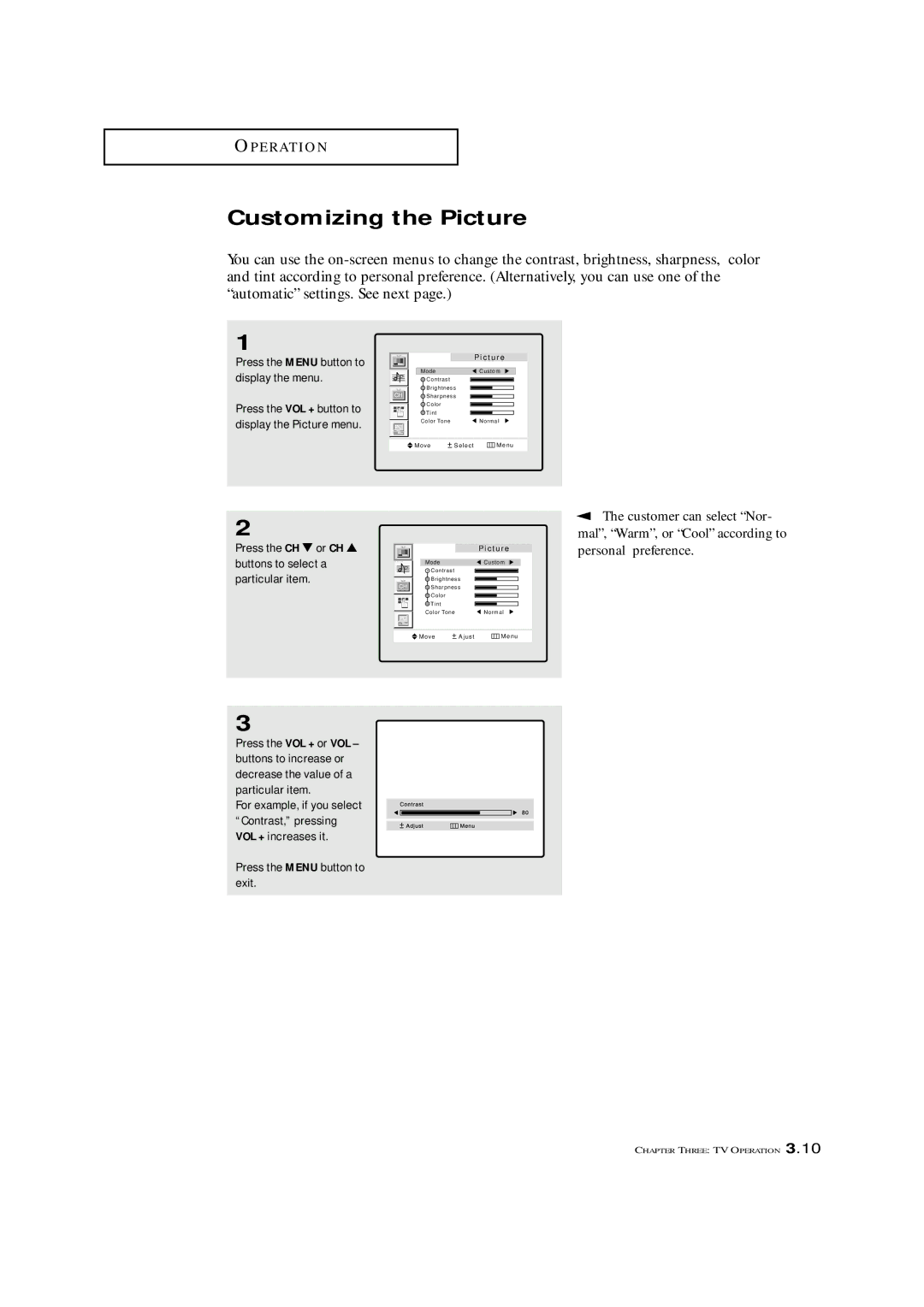 Samsung LTM 1775W manual Customizing the Picture, Customer can select Nor, Personal preference 