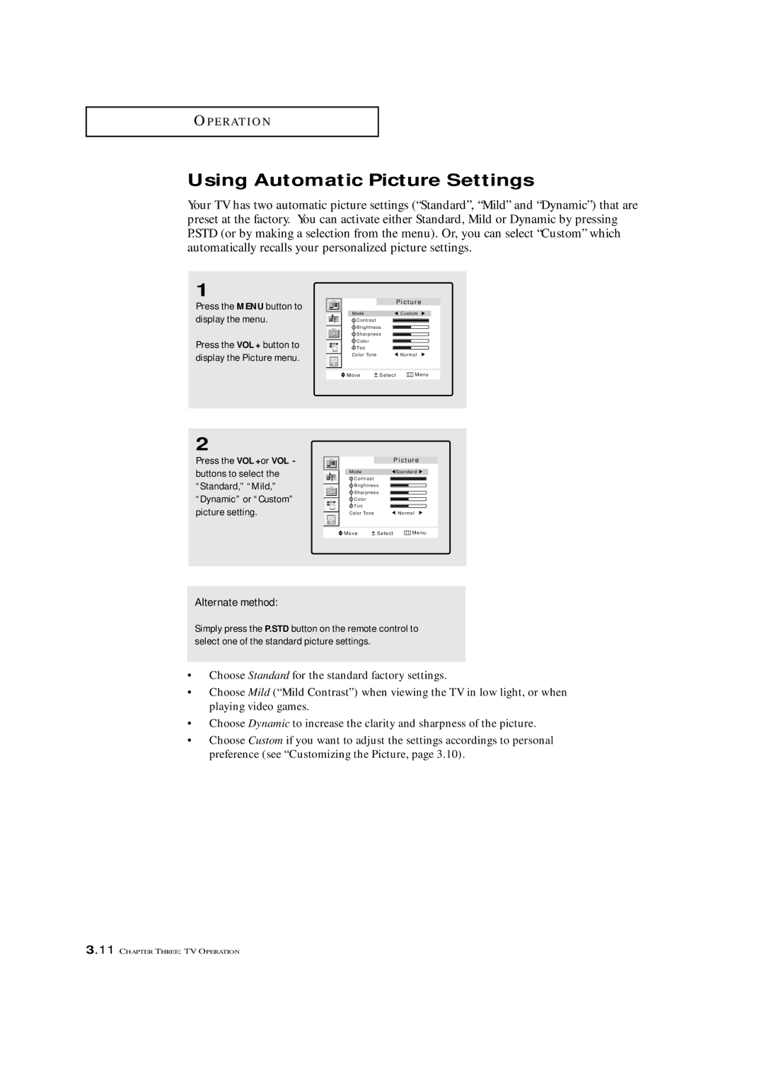 Samsung LTM 1775W manual Using Automatic Picture Settings, Alternate method 