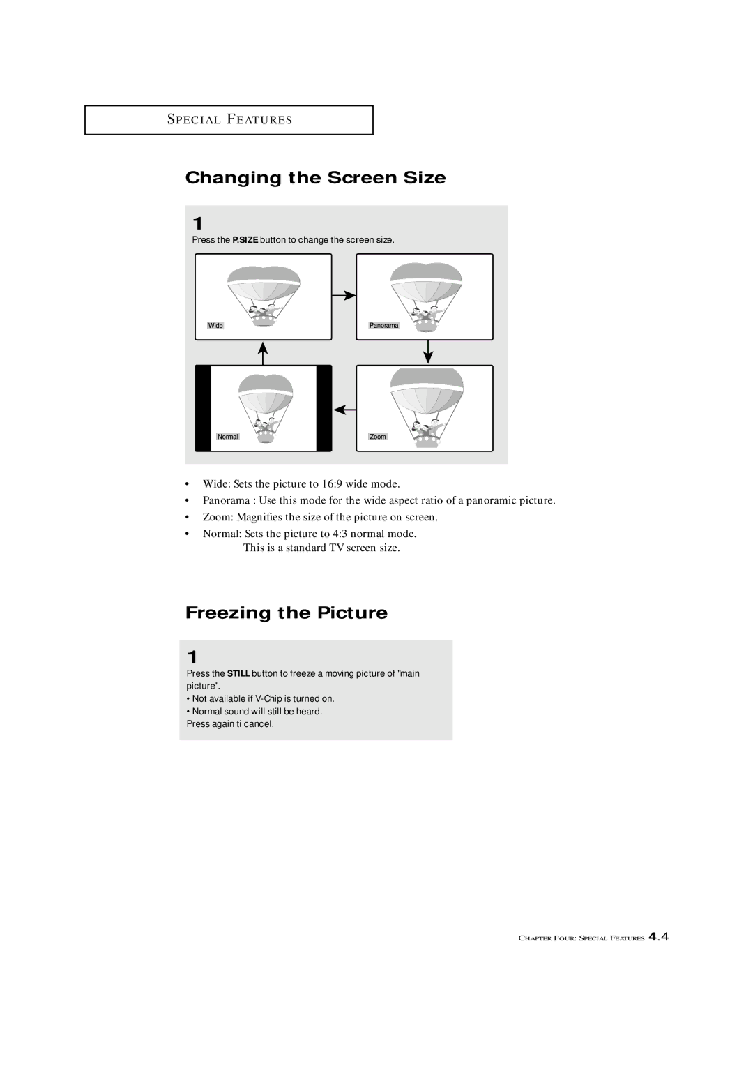 Samsung LTM 1775W manual Changing the Screen Size, Freezing the Picture, Press the P.SIZE button to change the screen size 